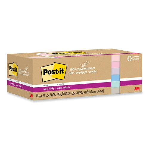 MMM654R12SSNRP - 3M - 100% Recycled Paper Super Sticky Notes, 3&quot; x 3&quot;, Wanderlust Pastels, 70 Sheets/Pad, 12 Pads/Pack