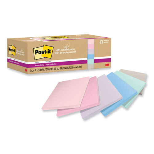 MMM654R12SSNRP - 3M - 100% Recycled Paper Super Sticky Notes, 3&quot; x 3&quot;, Wanderlust Pastels, 70 Sheets/Pad, 12 Pads/Pack