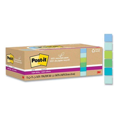MMM654R12SST - 3M - 100% Recycled Paper Super Sticky Notes, Unruled, 3&quot; x 3&quot;, Assorted Oasis Colors, 70 Sheets/Pad, 12 Pads/Pack