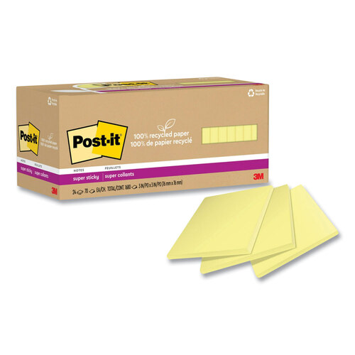 MMM654R24SSCYCP - 3M - 100% Recycled Paper Super Sticky Notes, 3&quot; x 3&quot;, Canary Yellow, 70 Sheets/Pad, 24 Pads/Pack