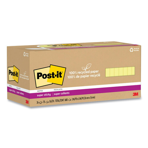 MMM654R24SSCYCP - 3M - 100% Recycled Paper Super Sticky Notes, 3&quot; x 3&quot;, Canary Yellow, 70 Sheets/Pad, 24 Pads/Pack