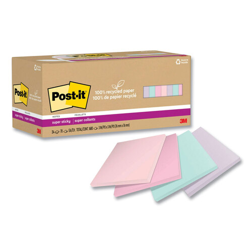 MMM654R24SSNRP - 3M - 100% Recycled Paper Super Sticky Notes, 3&quot; x 3&quot;, Wanderlust Pastels, 70 Sheets/Pad, 24 Pads/Pack
