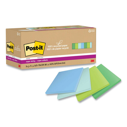 MMM654R24SSTCP - 3M - 100% Recycled Paper Super Sticky Notes, 3&quot; x 3&quot;, Oasis, 70 Sheets/Pad, 24 Pads/Pack