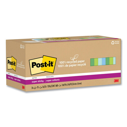 MMM654R24SSTCP - 3M - 100% Recycled Paper Super Sticky Notes, 3&quot; x 3&quot;, Oasis, 70 Sheets/Pad, 24 Pads/Pack