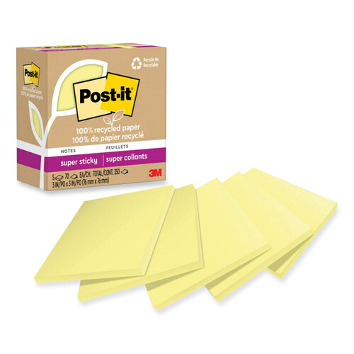 MMM654R5SSCY - 3M - 100% Recycled Paper Super Sticky Notes, 3&quot; x 3&quot;, Canary Yellow, 70 Sheets/Pad, 5 Pads/Pack