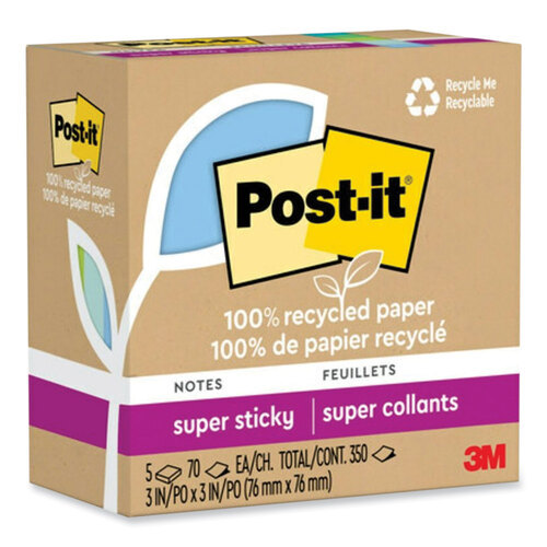 MMM654R5SST - 3M - 100% Recycled Paper Super Sticky Notes, 3&quot; x 3&quot;, Oasis, 70 Sheets/Pad, 5 Pads/Pack