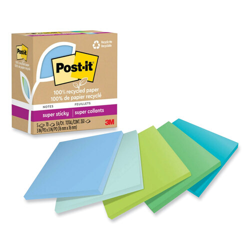 MMM654R5SST - 3M - 100% Recycled Paper Super Sticky Notes, 3&quot; x 3&quot;, Oasis, 70 Sheets/Pad, 5 Pads/Pack