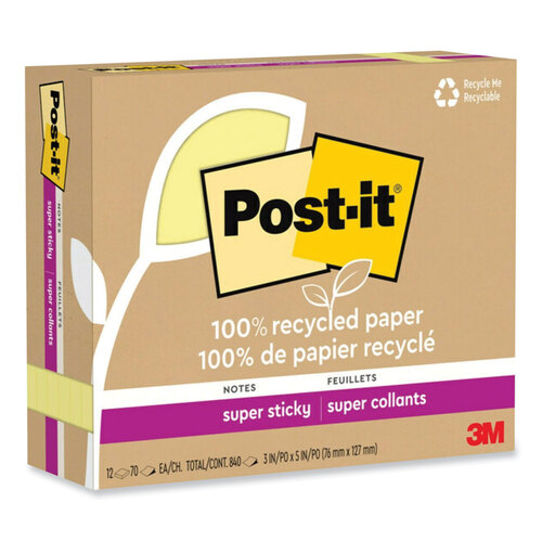 MMM655R12SSCY - 3M - 100% Recycled Paper Super Sticky Notes, 3&quot; x 5&quot;, Canary Yellow, 70 Sheets/Pad, 12 Pads/Pack