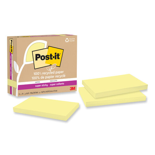 MMM655R12SSCY - 3M - 100% Recycled Paper Super Sticky Notes, 3&quot; x 5&quot;, Canary Yellow, 70 Sheets/Pad, 12 Pads/Pack