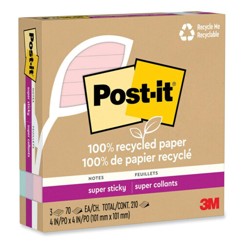 MMM675R3SSNRP - 3M - 100% Recycled Paper Super Sticky Notes, Ruled, 4&quot; x 4&quot;, Wanderlust Pastels, 70 Sheets/Pad, 3 Pads/Pack