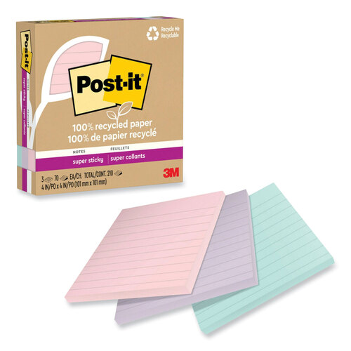 MMM675R3SSNRP - 3M - 100% Recycled Paper Super Sticky Notes, Ruled, 4&quot; x 4&quot;, Wanderlust Pastels, 70 Sheets/Pad, 3 Pads/Pack