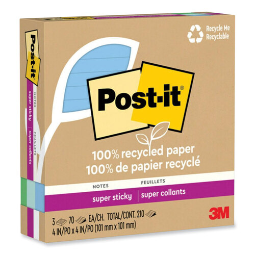 MMM675R3SST - 3M - 100% Recycled Paper Super Sticky Notes, Ruled, 4&quot; x 4&quot;, Oasis, 70 Sheets/Pad, 3 Pads/Pack