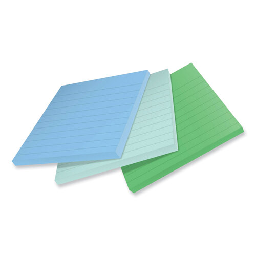 MMM675R3SST - 3M - 100% Recycled Paper Super Sticky Notes, Ruled, 4&quot; x 4&quot;, Oasis, 70 Sheets/Pad, 3 Pads/Pack