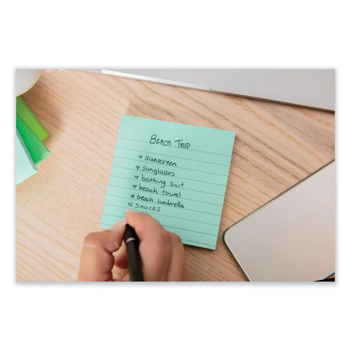 MMM675R3SST - 3M - 100% Recycled Paper Super Sticky Notes, Ruled, 4&quot; x 4&quot;, Oasis, 70 Sheets/Pad, 3 Pads/Pack