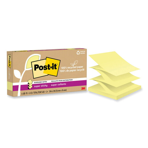 MMMR330R6SSCY - 3M - 100% Recycled Paper Super Sticky Notes, 3&quot; x 3&quot;, Canary Yellow, 70 Sheets/Pad, 6 Pads/Pack