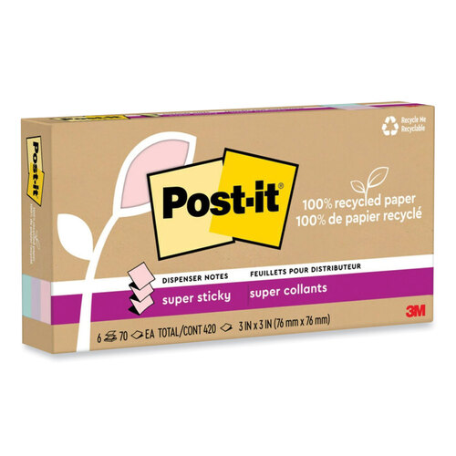 MMMR330R6SSNRP - 3M - 100% Recycled Paper Super Sticky Notes, 3&quot; x 3&quot;, Wanderlust Pastels, 70 Sheets/Pad, 6 Pads/Pack