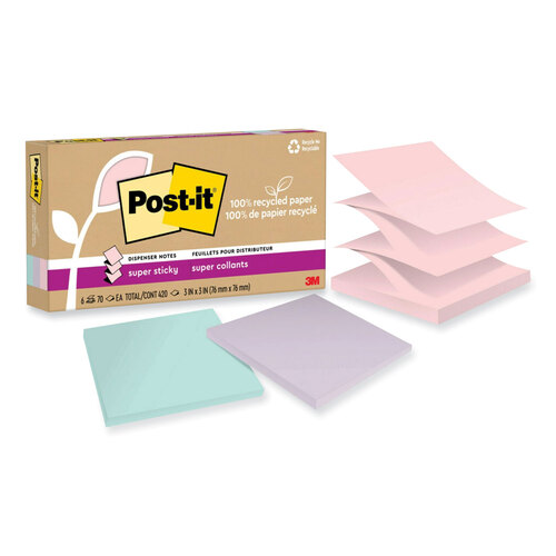 MMMR330R6SSNRP - 3M - 100% Recycled Paper Super Sticky Notes, 3&quot; x 3&quot;, Wanderlust Pastels, 70 Sheets/Pad, 6 Pads/Pack