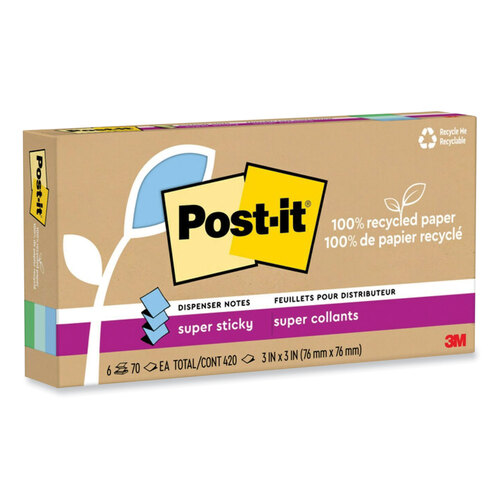 MMMR330R6SST - 3M - 100% Recycled Paper Super Sticky Notes, 3&quot; x 3&quot;, Oasis, 70 Sheets/Pad, 6 Pads/Pack