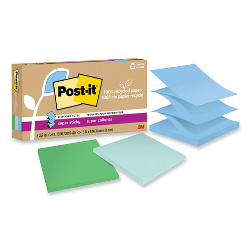 MMMR330R6SST - 3M - 100% Recycled Paper Super Sticky Notes, 3&quot; x 3&quot;, Oasis, 70 Sheets/Pad, 6 Pads/Pack