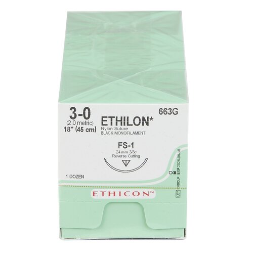 MON1002595BX - J & J Healthcare Systems - Nonabsorbable Suture with Needle Ethilon&trade; Nylon FS-1 3/8 Circle Reverse Cutting Needle Size 3 - 0 Monofilament