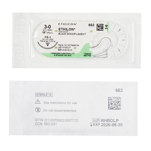 MON1002595BX - J & J Healthcare Systems - Nonabsorbable Suture with Needle Ethilon&trade; Nylon FS-1 3/8 Circle Reverse Cutting Needle Size 3 - 0 Monofilament