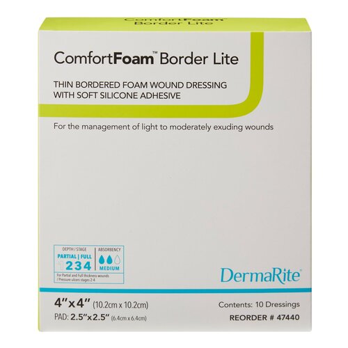 MON1003181EA - Dermarite - Dermarite Thin Silicone Foam Dressing ComfortFoam Border Lite 4 x 4&quot; Square Silicone Adhesive with Border Sterile, 1/EA