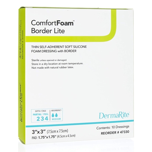 MON1003182EA - Dermarite - Dermarite Thin Silicone Foam Dressing ComfortFoam Border Lite 3 x 3&quot; Square Silicone Adhesive with Border Sterile, 1/EA