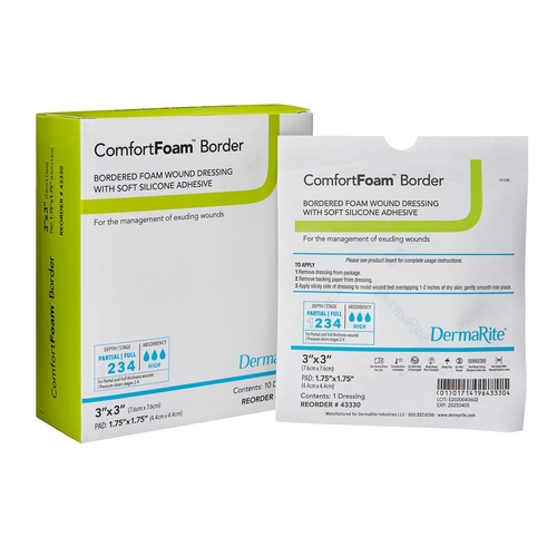MON1003182EA - Dermarite - Dermarite Thin Silicone Foam Dressing ComfortFoam Border Lite 3 x 3&quot; Square Silicone Adhesive with Border Sterile, 1/EA