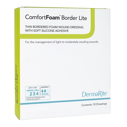 MON1003184EA - Dermarite - Dermarite Thin Silicone Foam Dressing ComfortFoam Border Lite 2 x 2&quot; Square Silicone Adhesive with Border Sterile, 1/EA