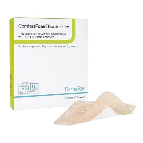 MON1003184EA - Dermarite - Dermarite Thin Silicone Foam Dressing ComfortFoam Border Lite 2 x 2&quot; Square Silicone Adhesive with Border Sterile, 1/EA