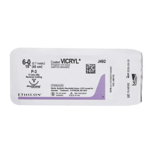 MON100537DZ - J & J Healthcare Systems - J & J Healthcare Systems Absorbable Suture with Needle Coated Vicryl Polyglactin 910 P-3 3/8 Circle Precision Reverse Cutting Needle Size 6 - 0 Braided