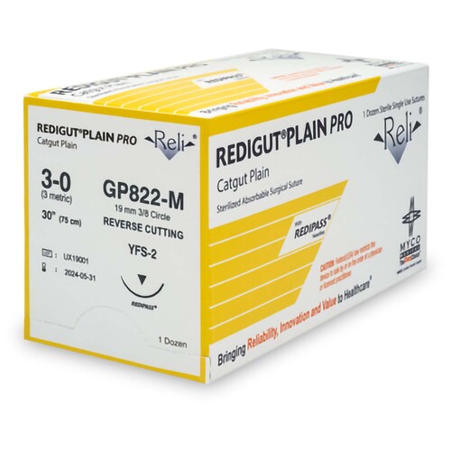 MON1007740BX - Myco Medical Supplies - Myco Medical Supplies Absorbable Suture with Needle Reli Plain Gut MFS-2 3/8 Circle Reverse Cutting Needle Size 3 - 0