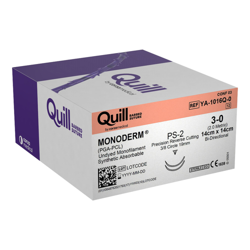 MON1012980BX - Surgical Specialties - Absorbable Suture with Needle Quill&trade; Knotless Tissue-Closure Device, Monoderm&trade; Polyglycolic Acid / PCL 3/8 Circle Precision Reverse Cutting Needle Size 3 - 0 Barbed Monofilament