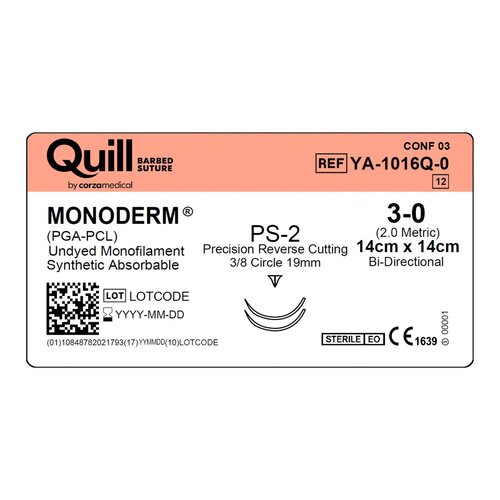MON1012980BX - Surgical Specialties - Absorbable Suture with Needle Quill&trade; Knotless Tissue-Closure Device, Monoderm&trade; Polyglycolic Acid / PCL 3/8 Circle Precision Reverse Cutting Needle Size 3 - 0 Barbed Monofilament