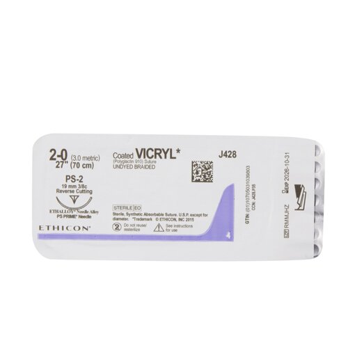 MON1015171BX - J & J Healthcare Systems - Absorbable Suture with Needle Coated Vicryl&trade; Polyglactin 910 PS-2 3/8 Circle Precision Reverse Cutting Needle Size 2 - 0 Braided
