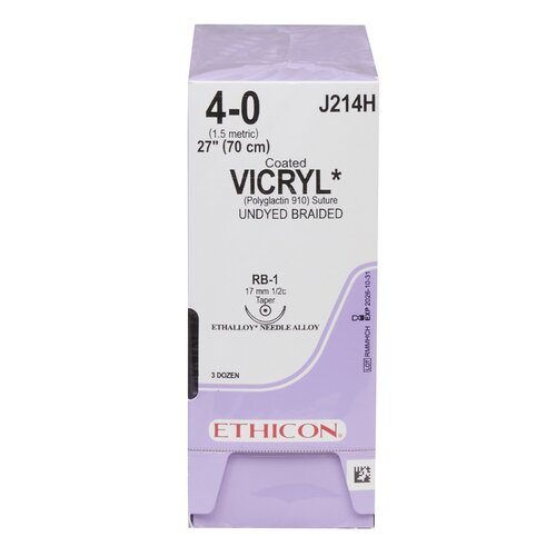 MON102911BX - J & J Healthcare Systems - Absorbable Suture with Needle Coated Vicryl&trade; Polyglactin 910 RB-1 1/2 Circle Taper Point Needle Size 4 - 0 Braided