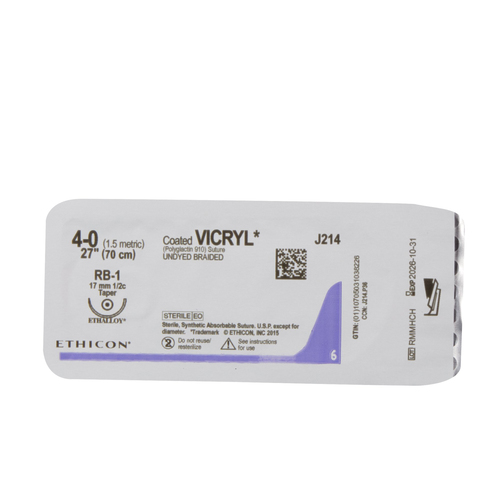 MON102911BX - J & J Healthcare Systems - Absorbable Suture with Needle Coated Vicryl&trade; Polyglactin 910 RB-1 1/2 Circle Taper Point Needle Size 4 - 0 Braided