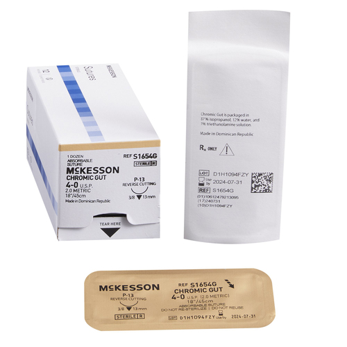MON1034495BX - McKesson - Absorbable Suture with Needle McKesson Chromic Gut P-13 3/8 Circle Precision Reverse Cutting Needle Size 4 - 0