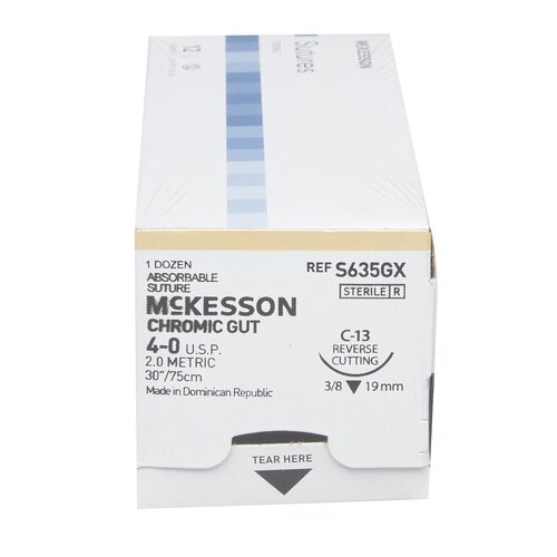 MON1034496BX - McKesson - Suture with Needle Absorbable Uncoated Undyed Suture Chromic Gut Size 4 - 0 30 Inch Suture 1-Needle 19 mm Length 3/8 Circle Reverse Cutting Needle, 1/BX