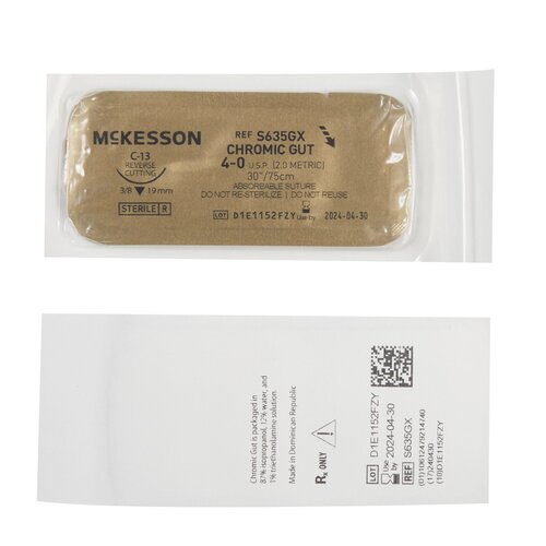 MON1034496BX - McKesson - Suture with Needle Absorbable Uncoated Undyed Suture Chromic Gut Size 4 - 0 30 Inch Suture 1-Needle 19 mm Length 3/8 Circle Reverse Cutting Needle, 1/BX