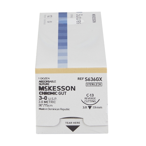 MON1034497BX - McKesson - Suture with Needle Absorbable Uncoated Undyed Suture Chromic Gut Size 3 - 0 30 Inch Suture 1-Needle 19 mm Length 3/8 Circle Reverse Cutting Needle, 1/BX