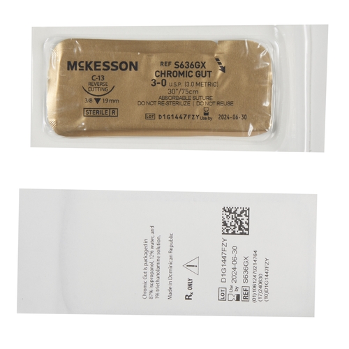 MON1034497BX - McKesson - Suture with Needle Absorbable Uncoated Undyed Suture Chromic Gut Size 3 - 0 30 Inch Suture 1-Needle 19 mm Length 3/8 Circle Reverse Cutting Needle, 1/BX