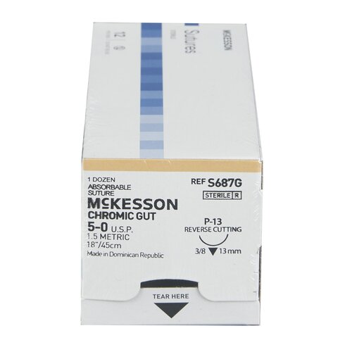 MON1034498BX - McKesson - Absorbable Suture with Needle Chromic Gut P-13 3/8 Circle Precision Reverse Cutting Needle Size 5 - 0, 1/BX