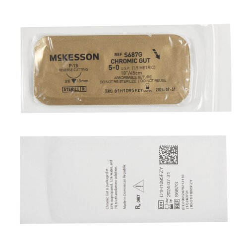 MON1034498BX - McKesson - Absorbable Suture with Needle Chromic Gut P-13 3/8 Circle Precision Reverse Cutting Needle Size 5 - 0, 1/BX