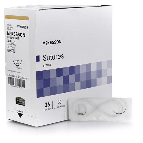 MON1034499BX - McKesson - Absorbable Suture with Needle McKesson Chromic Gut V-20 1/2 Circle Taper Point Needle Size 3 - 0