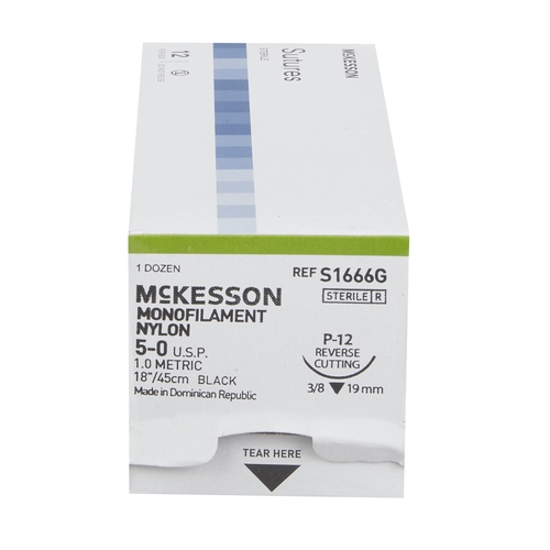 MON1034501BX - McKesson - Nonabsorbable Suture with Needle Nylon P-12 3/8 Circle Precision Reverse Cutting Needle Size 5 - 0 Monofilament, 1/BX