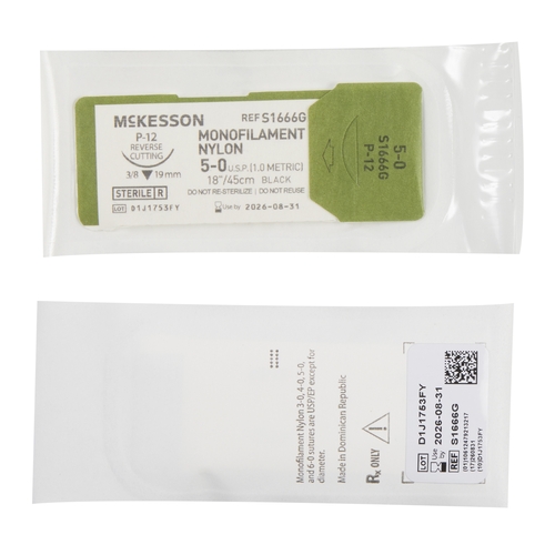 MON1034501BX - McKesson - Nonabsorbable Suture with Needle Nylon P-12 3/8 Circle Precision Reverse Cutting Needle Size 5 - 0 Monofilament, 1/BX