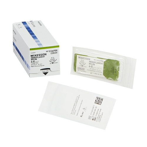 MON1034502BX - McKesson - Nonabsorbable Suture with Needle McKesson Nylon P-12 3/8 Circle Precision Reverse Cutting Needle Size 4 - 0 Monofilament