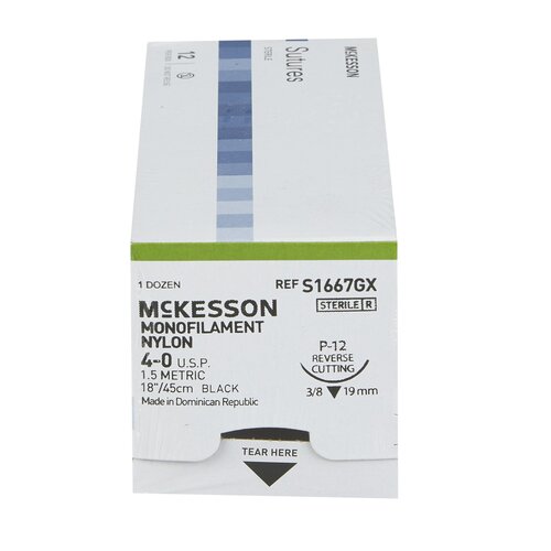 MON1034502BX - McKesson - Nonabsorbable Suture with Needle McKesson Nylon P-12 3/8 Circle Precision Reverse Cutting Needle Size 4 - 0 Monofilament