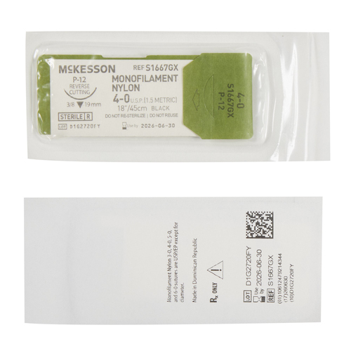 MON1034502BX - McKesson - Nonabsorbable Suture with Needle McKesson Nylon P-12 3/8 Circle Precision Reverse Cutting Needle Size 4 - 0 Monofilament